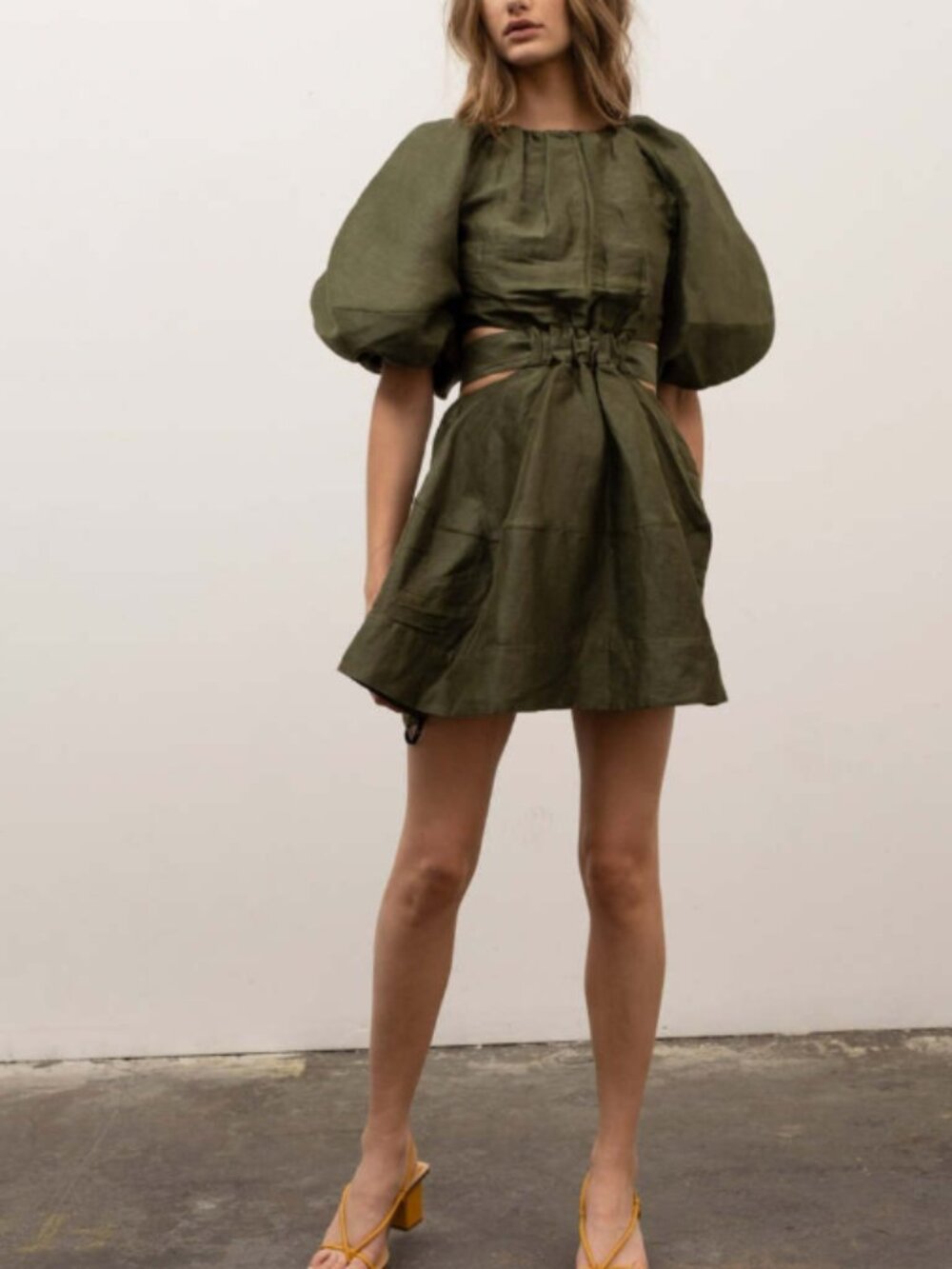Moon River Olive Green Puff Sleeve Mini Dress Open Back Size S